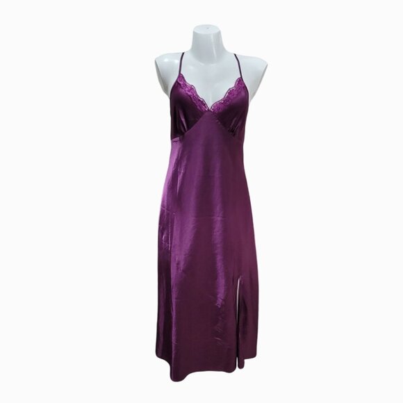 Satin Slip Dress Gown Purple L FLAW - Picture 1 of 11